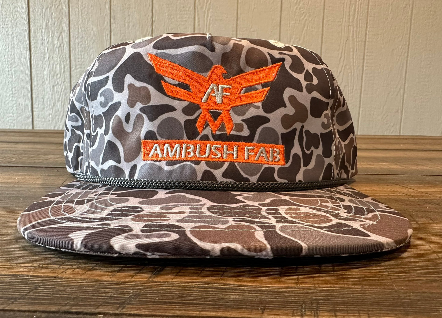 Old School Camo Rope hat with orange thread